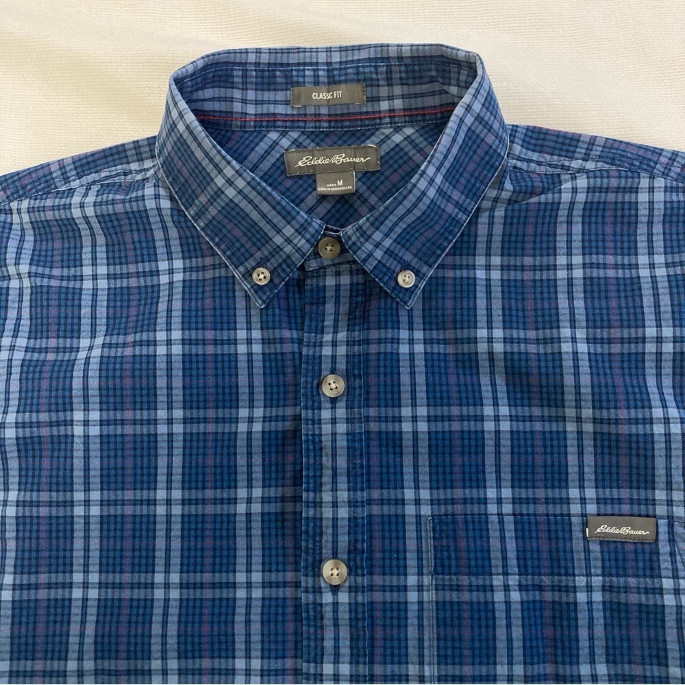 Eddie Bauer Blue Plaid Men's Short Sleeve Cotton Shirt